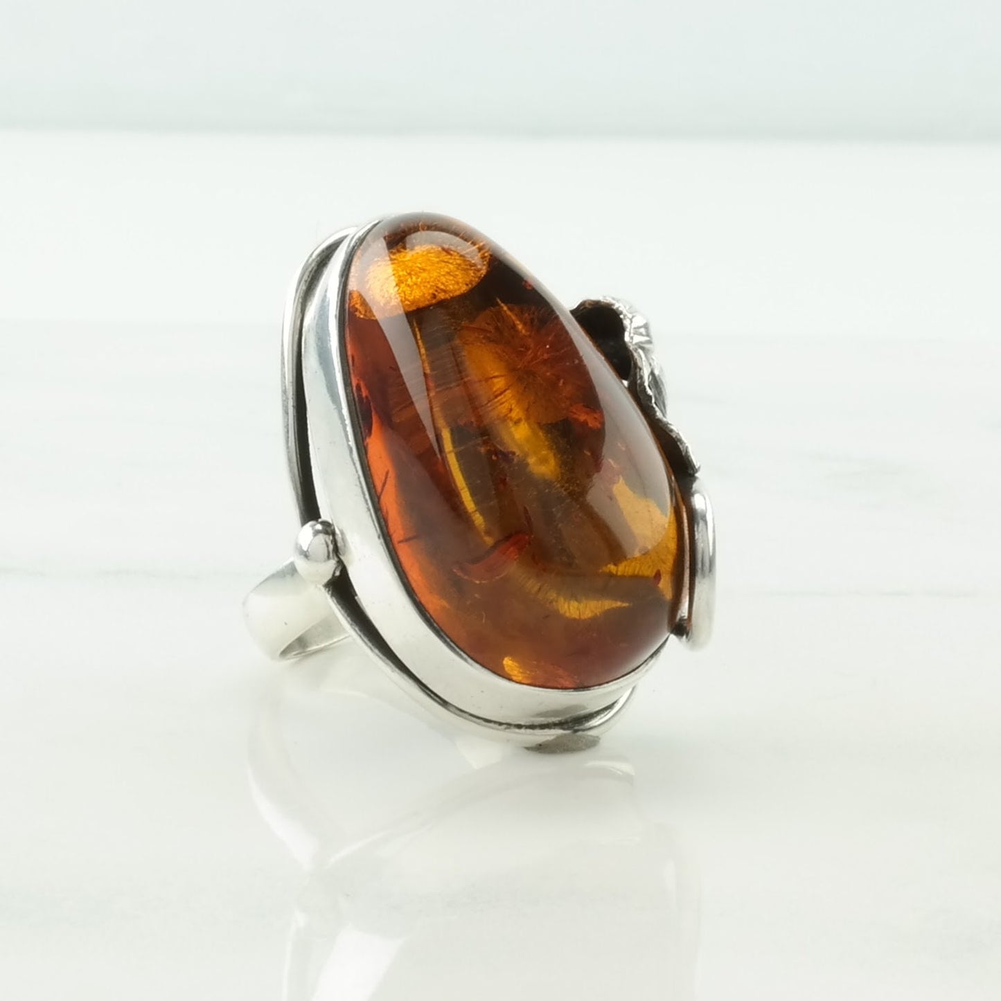 Poland Silver Ring Amber Leaf Sterling Orange Size 8