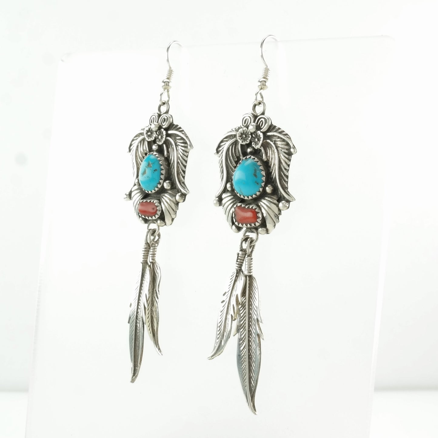 Native American Sterling Silver Turquoise, Coral Feather, Floral Earrings Fish hook