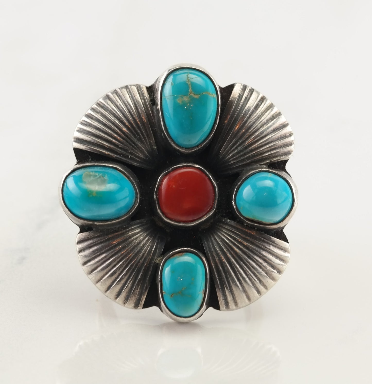 Native American Silver Ring Turquoise, Coral Floral Sterling Size 7