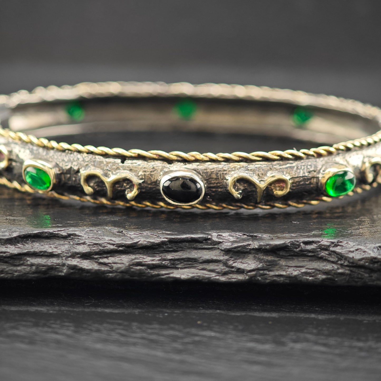 Vintage Aries Emerald Black Onyx  Sterling Silver Bangle 7" 10253142981_8748