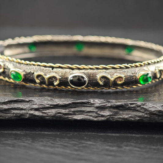 Vintage Aries Emerald, Black Onyx  Sterling Silver Bangle