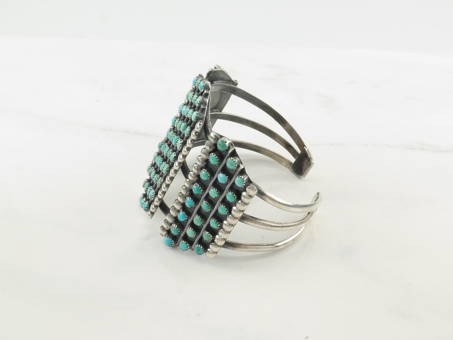 Native American Zuni Sterling Silver Cuff Bracelet Blue Turquoise Cluster