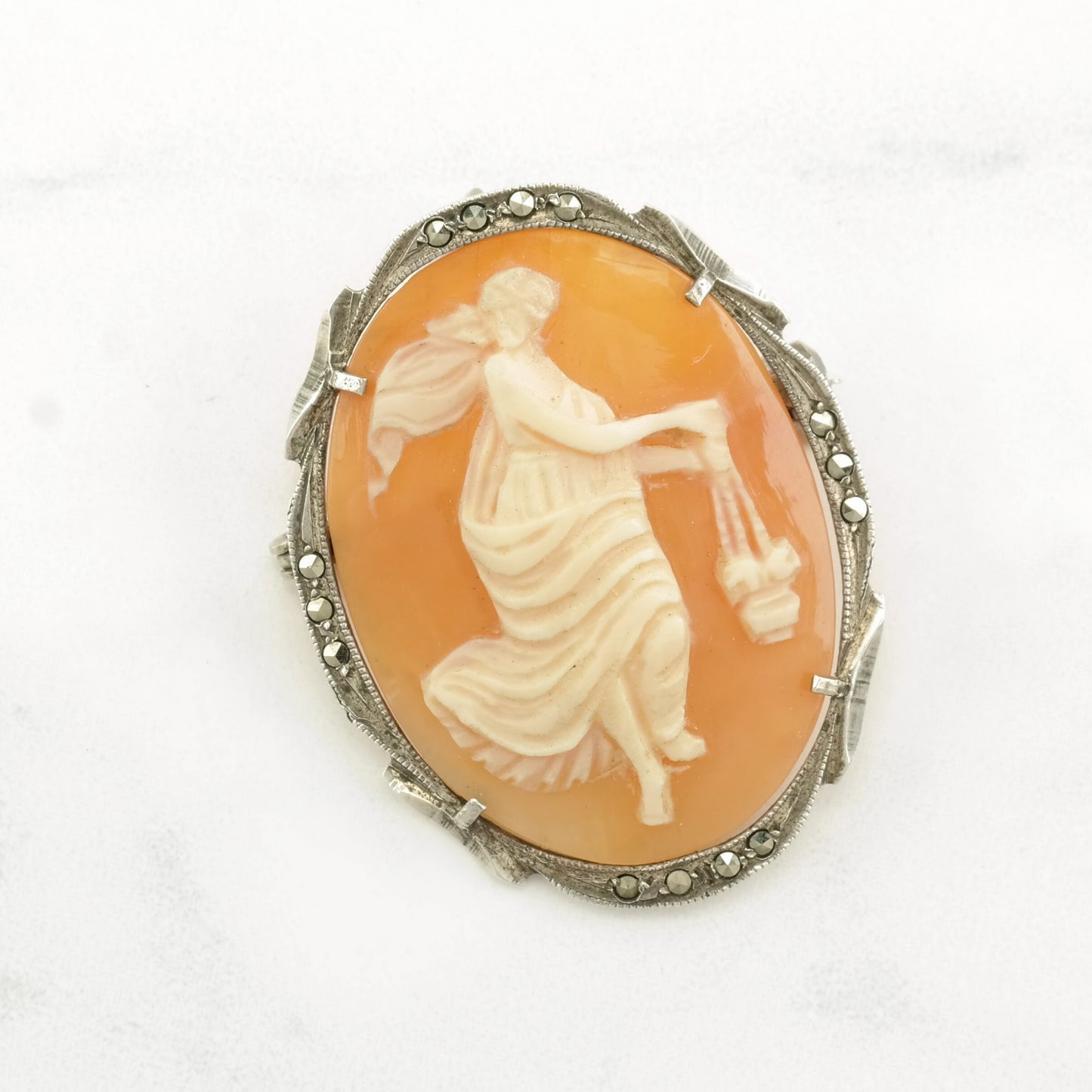 Art Nouveau Style Sterling Silver Brooch Pendant Marcasite Cameo, Carved Lady