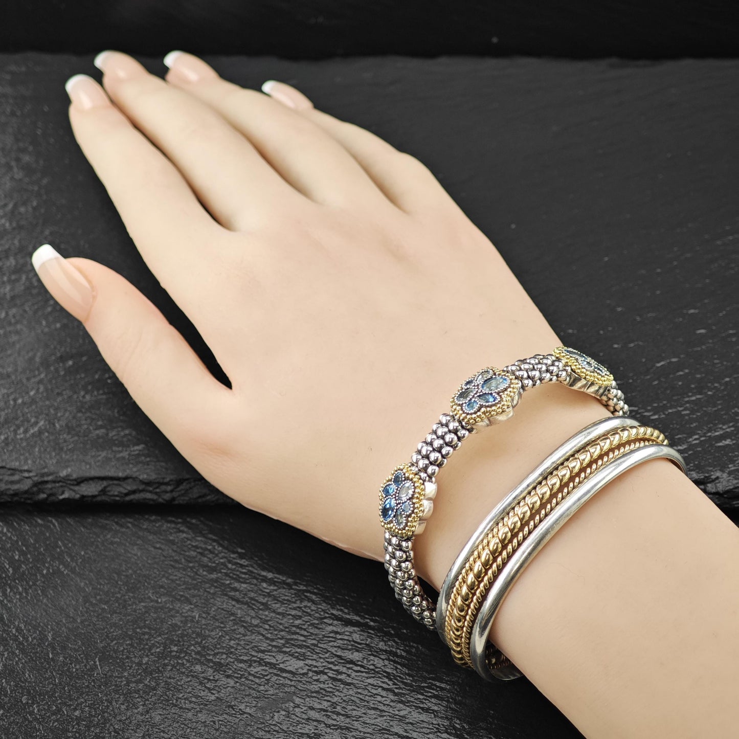 LAGOS 18K Yellow Gold, Blue Topaz Caviar Bracelet Sterling Silver Sz 6 1/4"