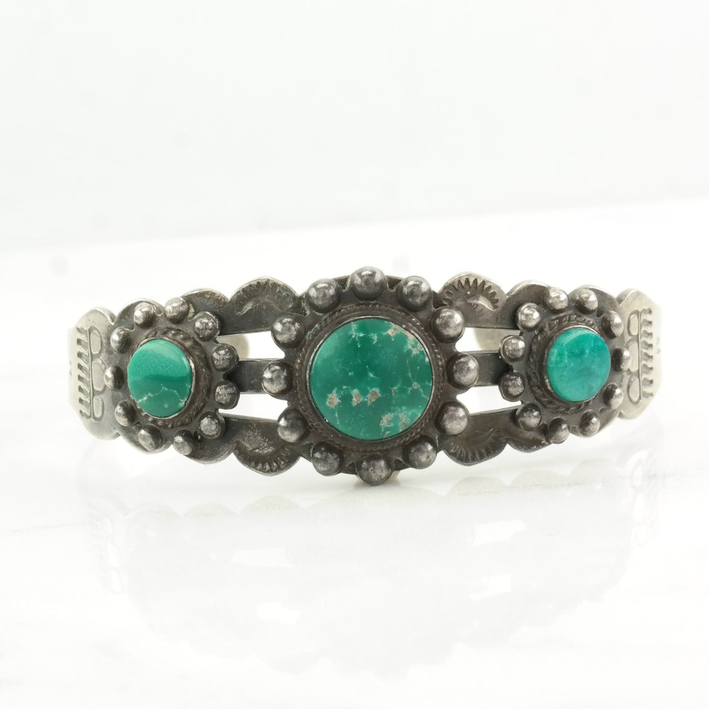 Fred Harvey Era Sterling Silver Cuff Bracelet Green Pilot Mountain, Turquoise Floral