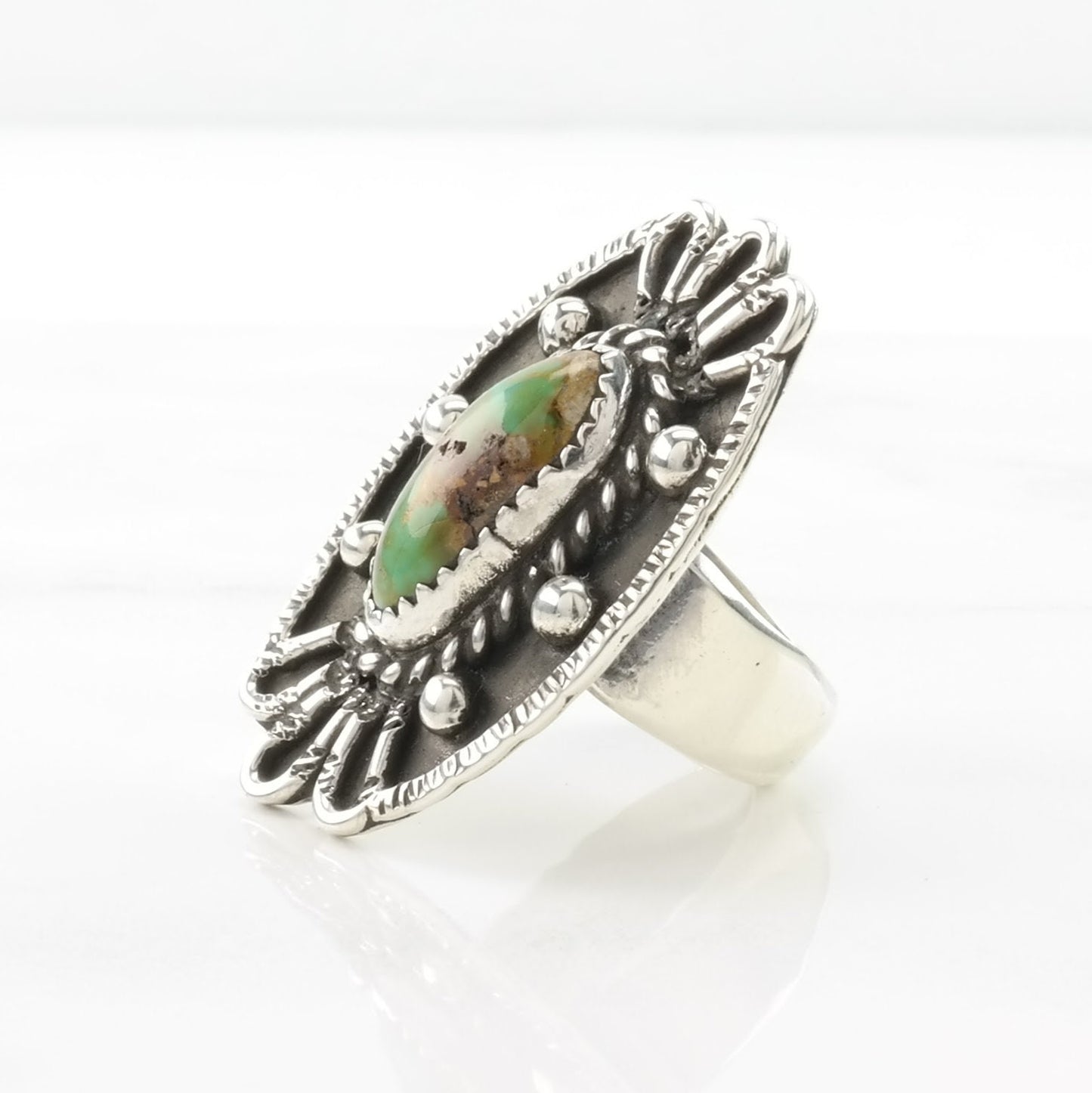 Native American Silver Ring Turquoise Floral, Large Sterling Green Size 7 1/2