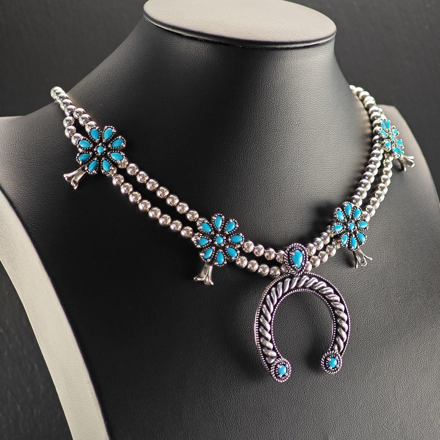 Carolyn Pollack Sterling Silver Squash Blossom Necklace with Removable Blue Turquoise Pendant