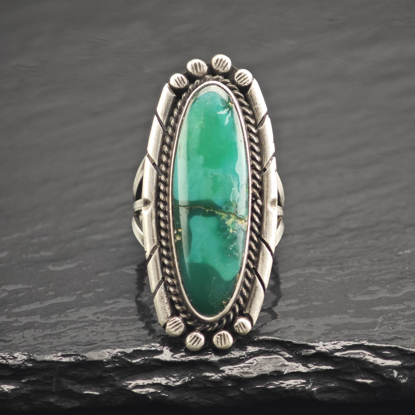 Long Oval Green Turquoise Sterling Silver Ring Sz 6 3/4 R6669