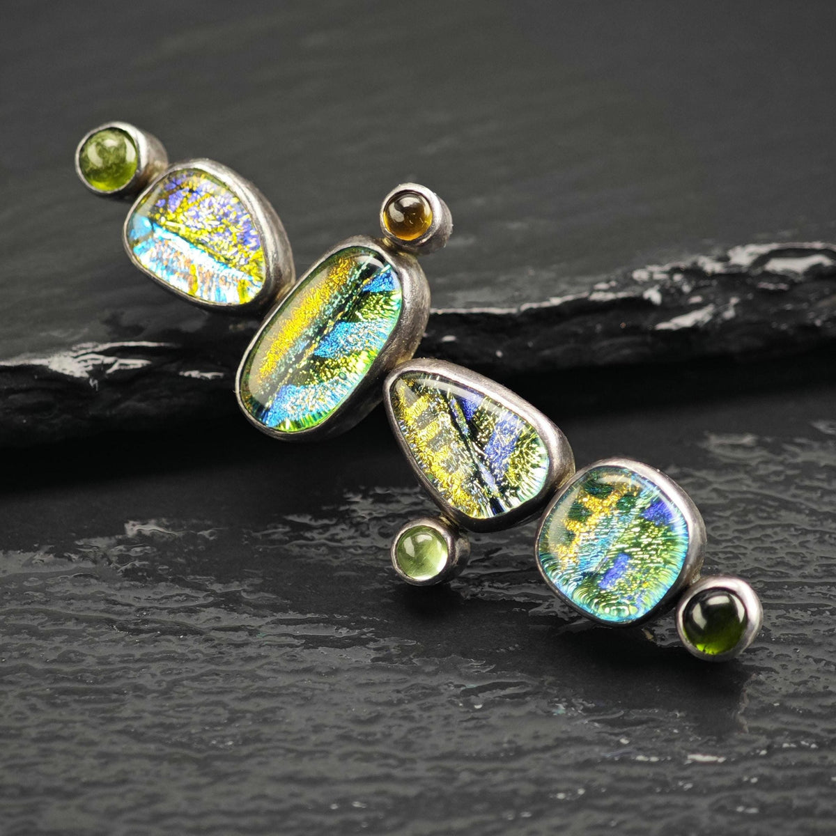 Artisan Dichroic Glass Multicolor Sterling Silver Brooch B2258