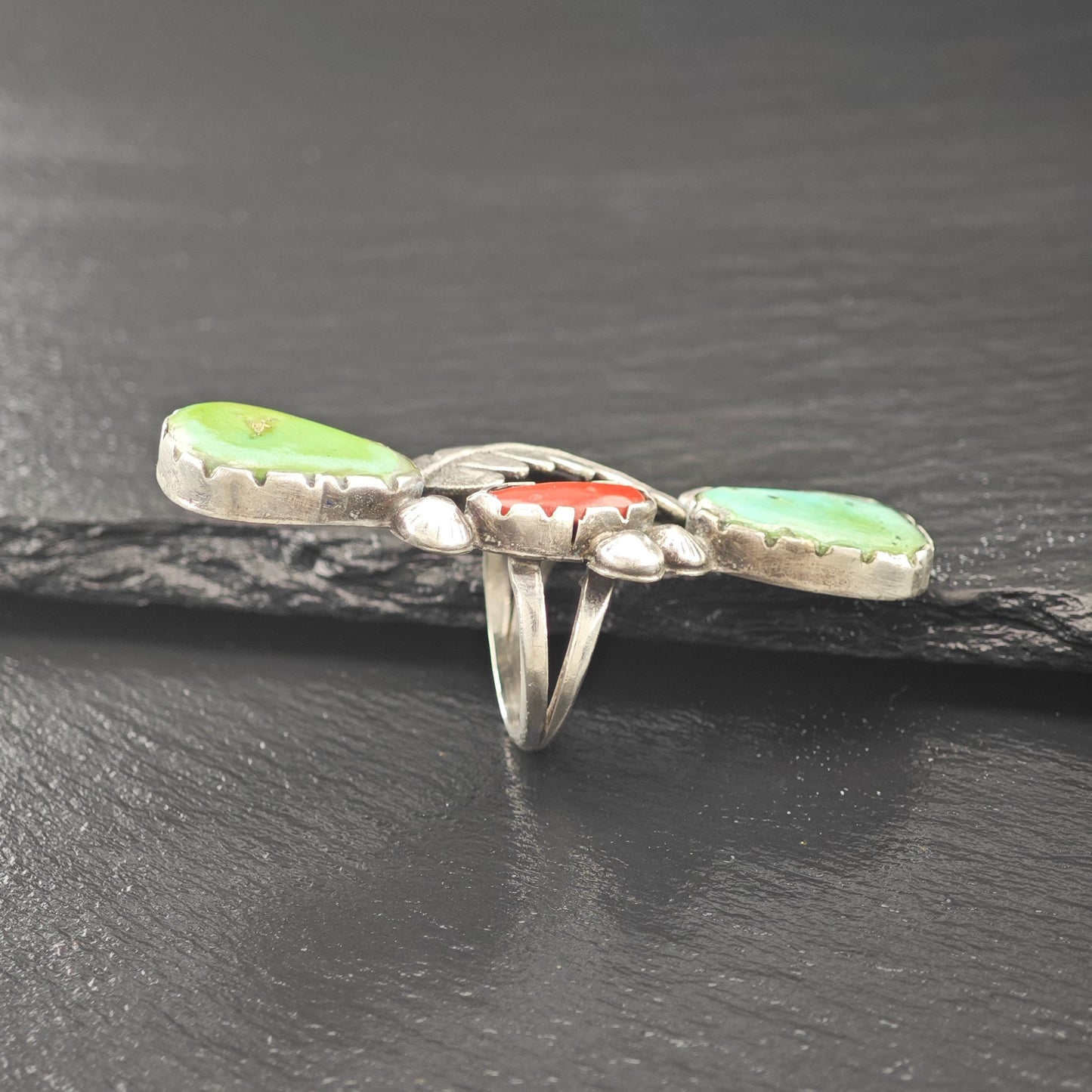 Long Native American Green Turquoise Coral Ring Sterling Silver