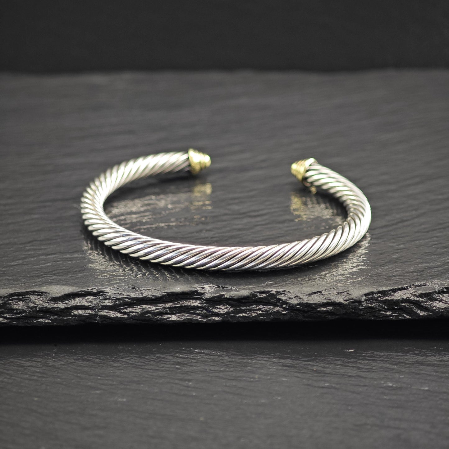 David Yurman 5mm 14K Gold Accent Cable Cuff Bracelet Sterling SIlver