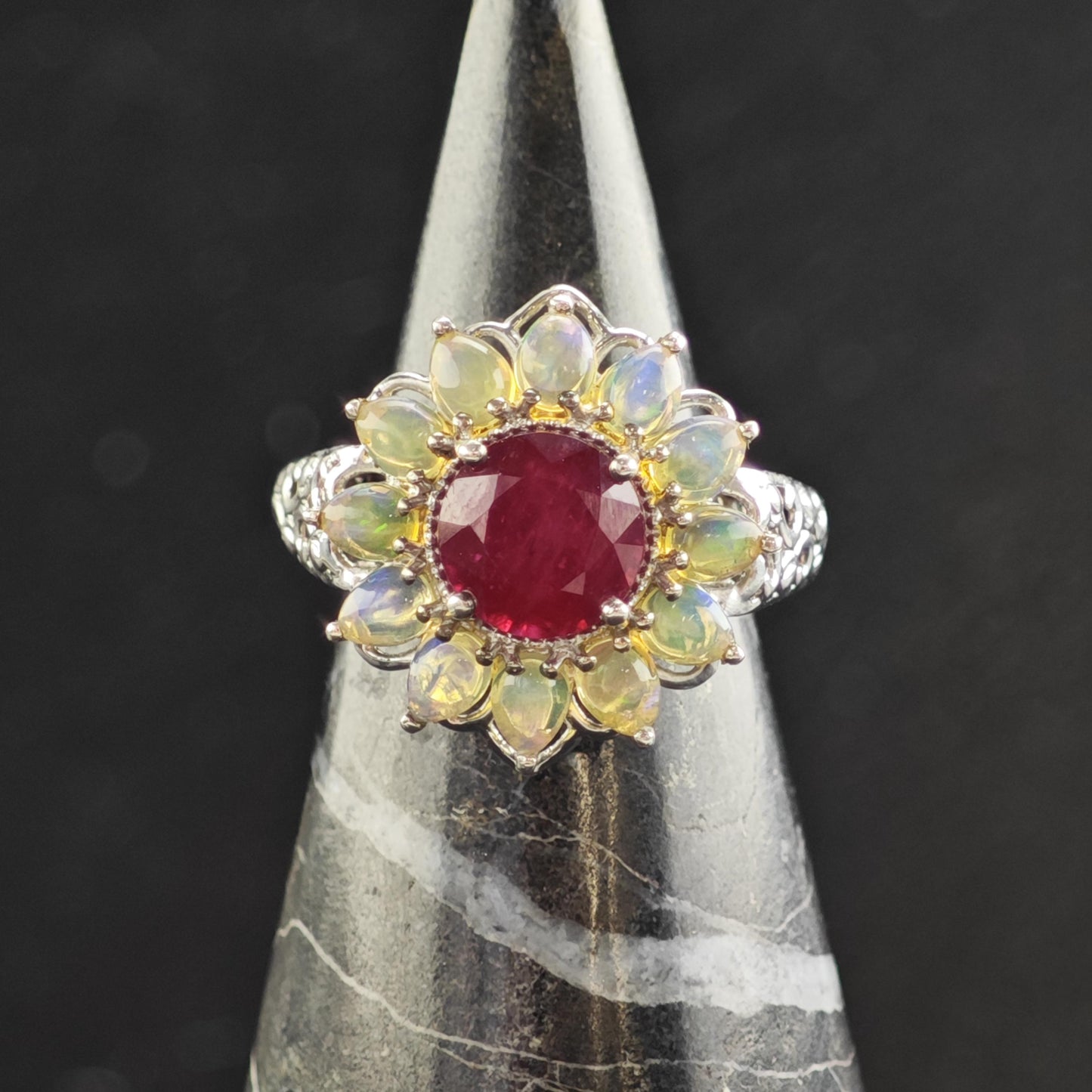 Opal LGF Ruby Flower Design Sterling Silver Ring Sz 5 1/4 R6563