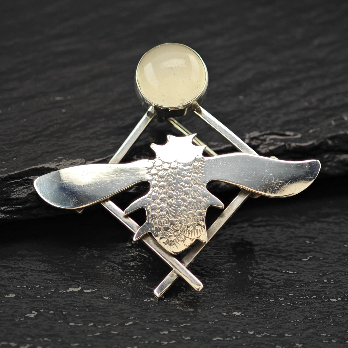 Vintage Studio, Artist Sterling Silver Brooch Insect White Quartz