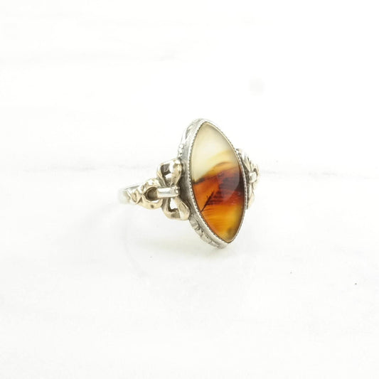 Art Deco Silver Ring Dendric Agate 10K Gold Accents Sterling Size 7 1/4