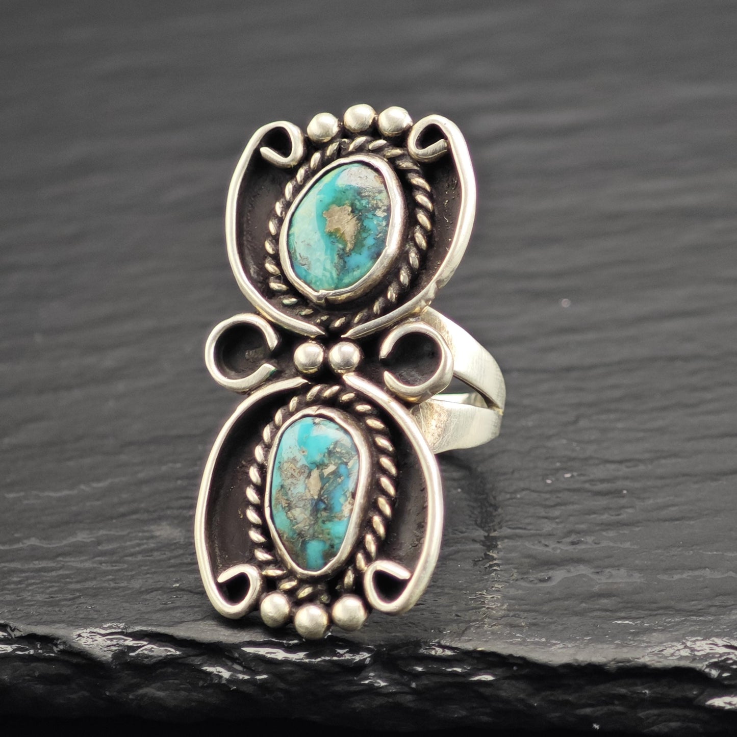 Vintage Native American Turquoise Duo Sterling Silver Ring Sz 6 1/2 R6623