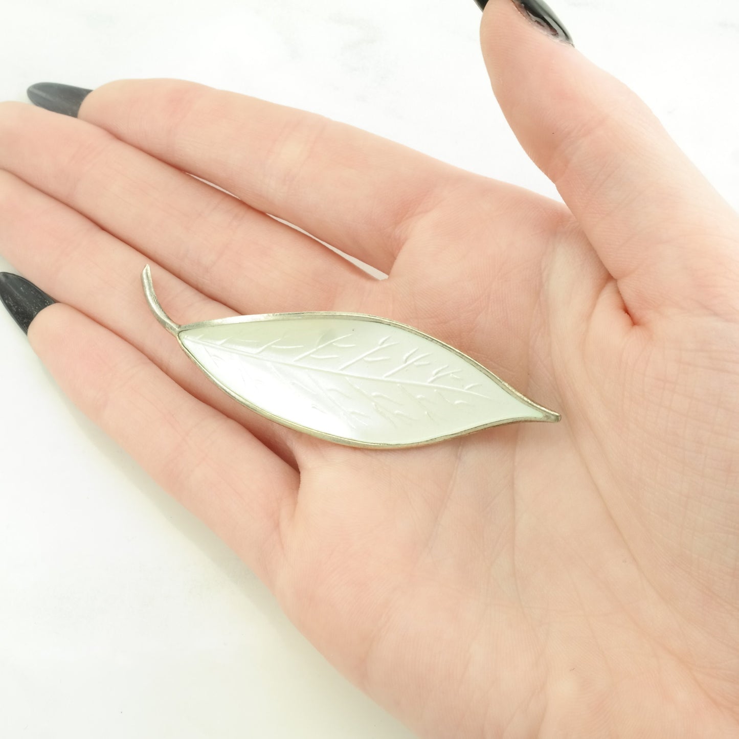 Vintage David Andersen Sterling Silver Brooch Leaf White Enamel