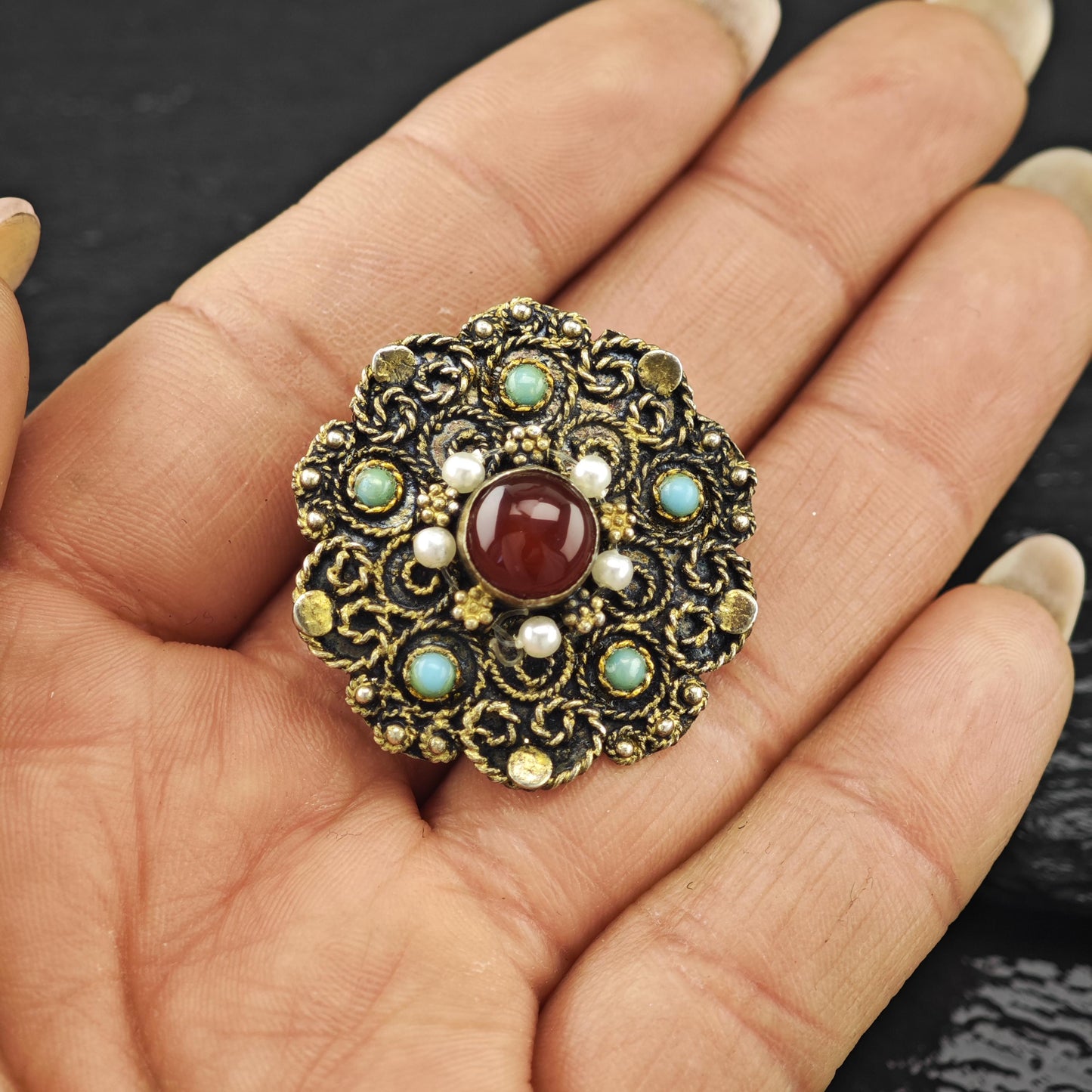 Filigree Pearl, Gemstone Gold Gilded Brooch/Pendant Sterling Silver