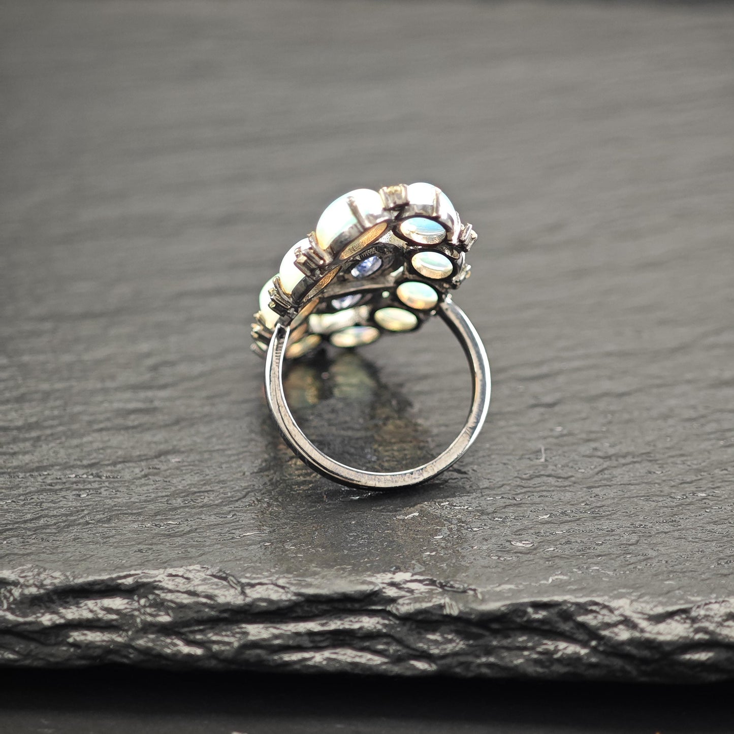 Oxidized Sterling Silver Ring with Diamond Tanzanite Opal