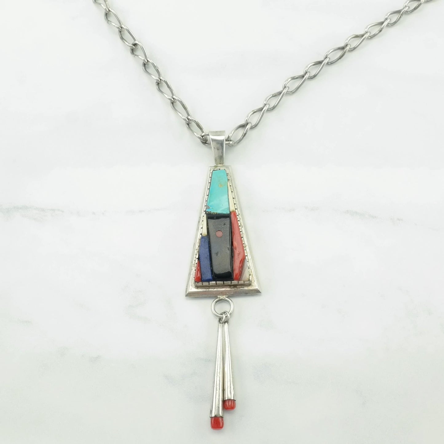 David Tune, Native American Sterling Silver Turquoise, Onyx, Coral Cobblestone Inlay Necklace