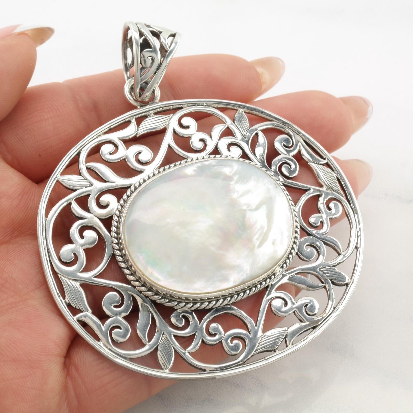 Vintage Large Thai Filigree Silver Pendant MOP Sterling