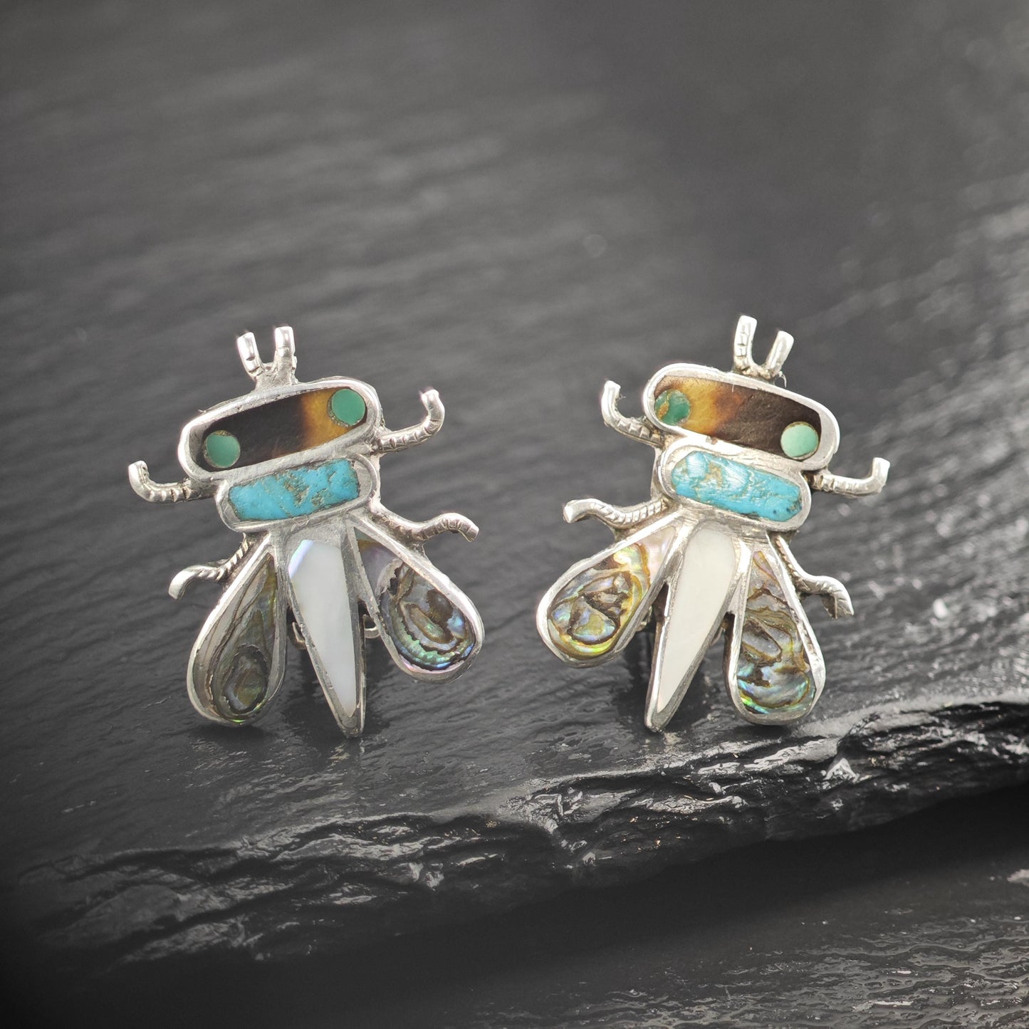 Vintage SW Inlay Bee Clip On Sterling Silver Earrings ER3106