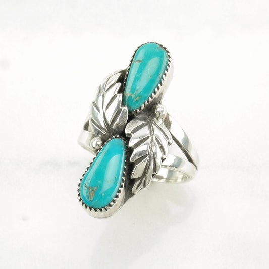 Native American Sterling Silver Ring, Turquoise Floral Blue Size 6 1/2