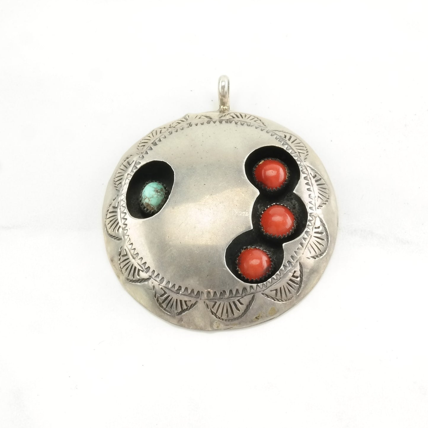 Native American Turquoise, Coral Shadowbox Sterling Silver Pendant