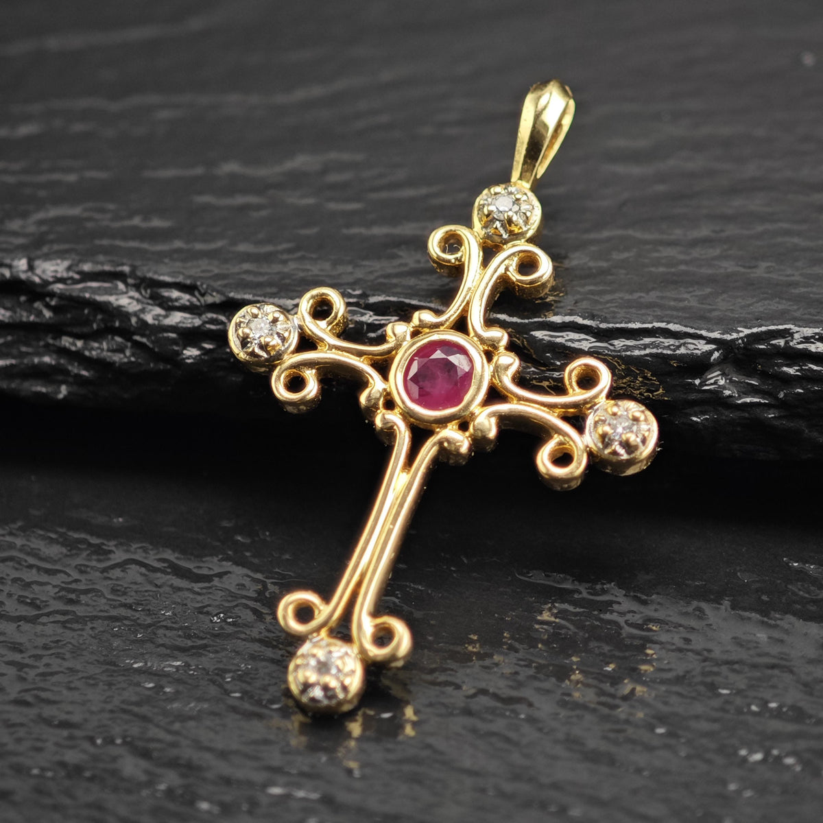 Natural Ruby Diamonds 14K Gold Cross Pendant P3103