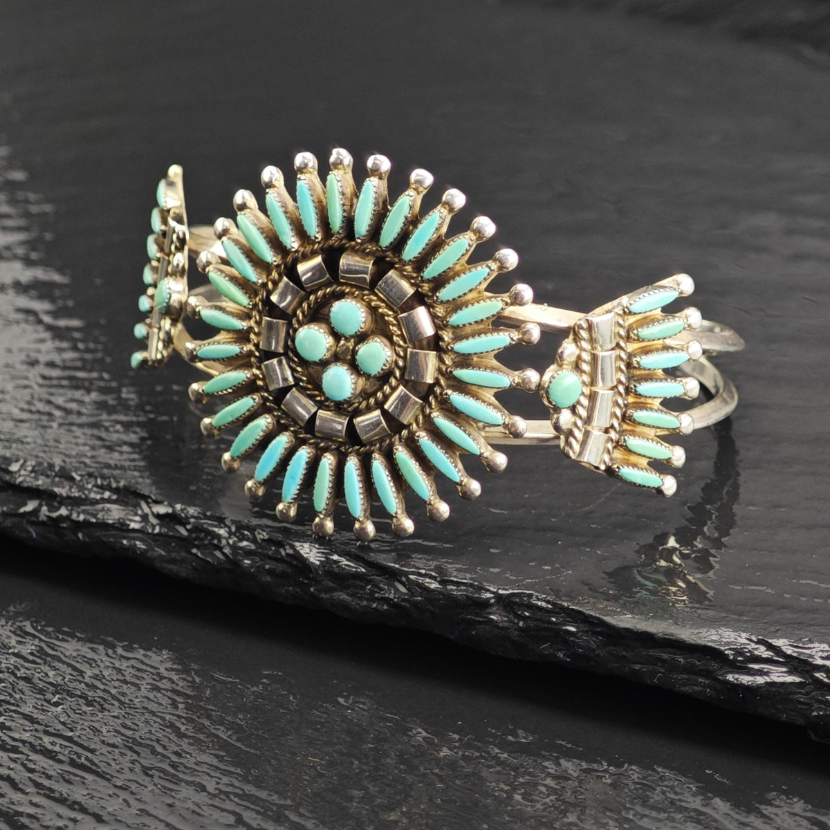 Zuni Needle Point Turquoise Sterling Silver Cuff Sz 6 3/4 BR3140