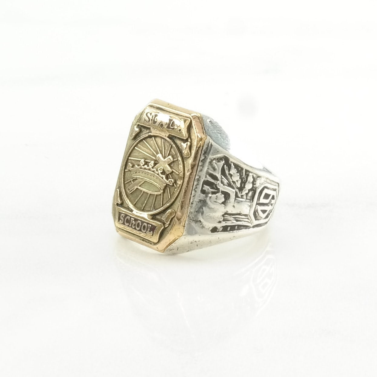 Vintage Almost Antique Silver Ring 1948, Gold Top St. L School, Cross, Crown Sterling Size 3 3/4