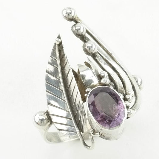 Vintage Sterling Silver Ring Amethyst Leaf Purple Size 6 3/4