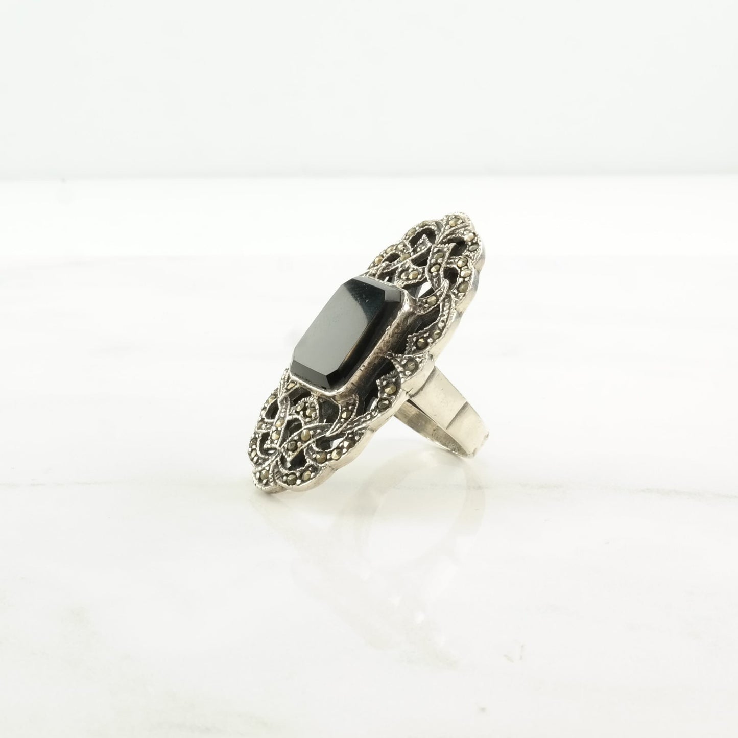 Art Deco Style Silver Ring Onyx, Marcasite Ornate Sterling Size 6 1/4