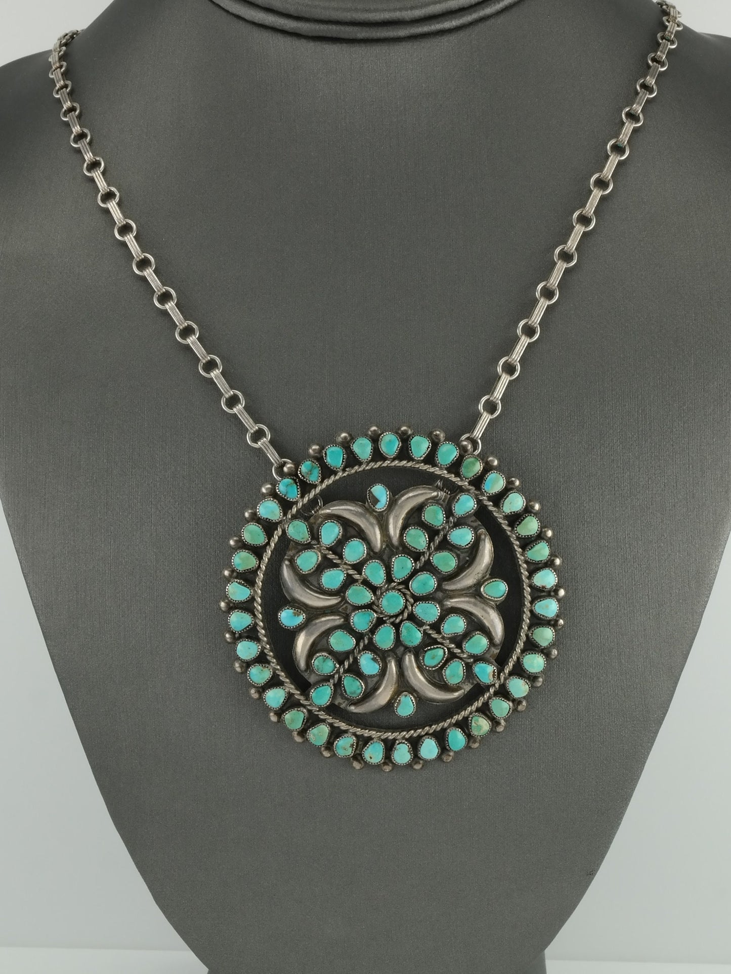 Zuni Turquoise Cluster Pendant Necklace Native American Sterling Silver