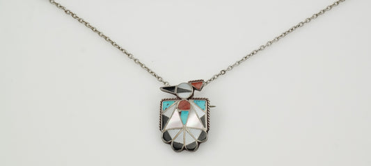 Native American Sterling Silver Turquoise Thunderbird Inlay Necklace