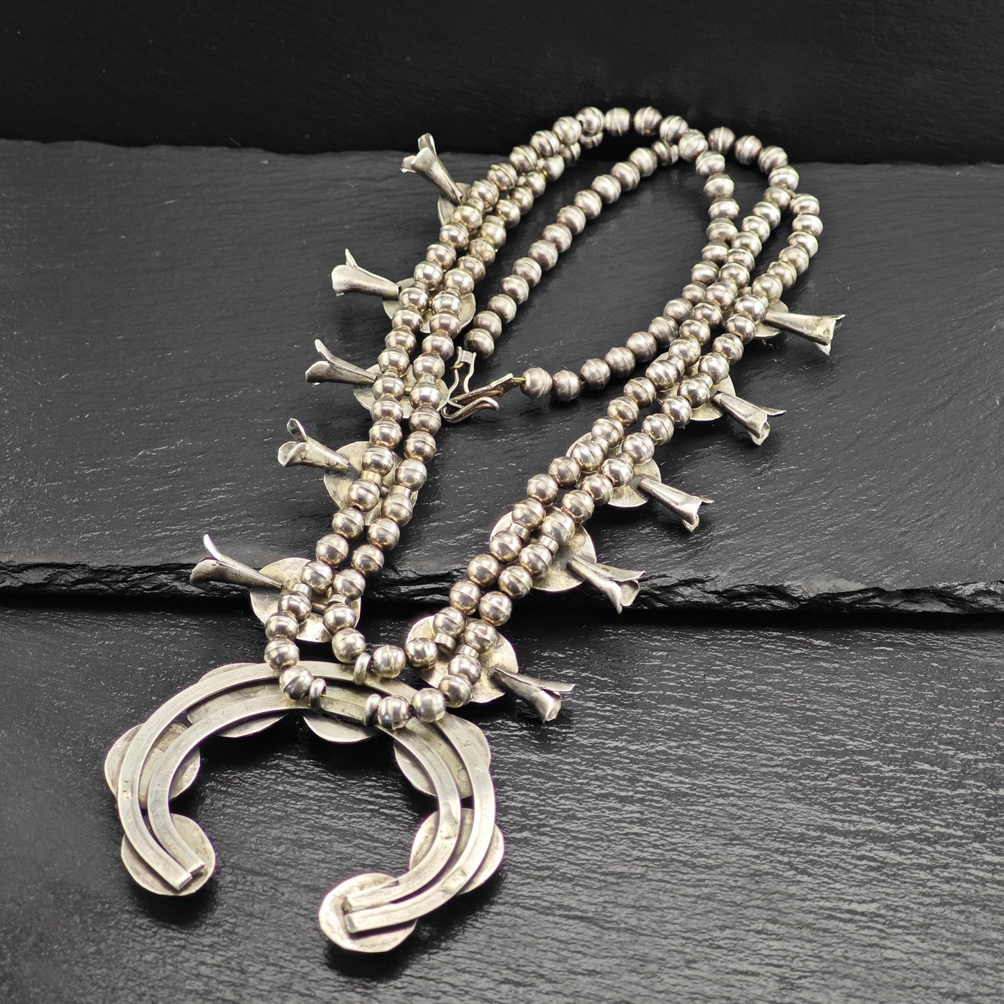 Squash Blossom Necklace with Blue Turquoise Stamped Native American Design Sterling Silver