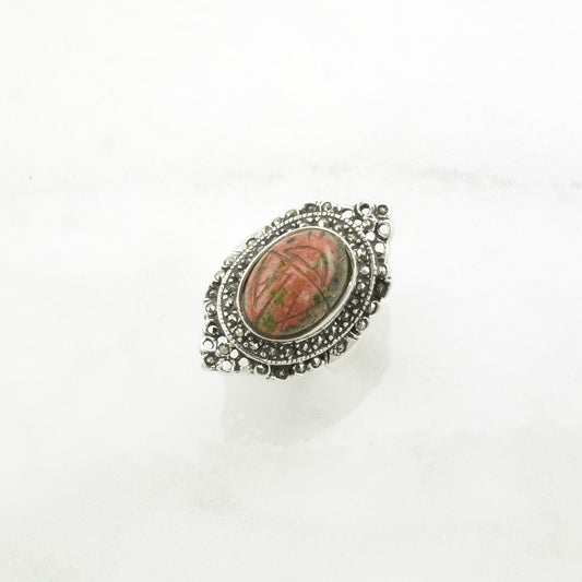 Sterling Silver Ring Scarab Carved Stone Red, Green Size 7 1/4