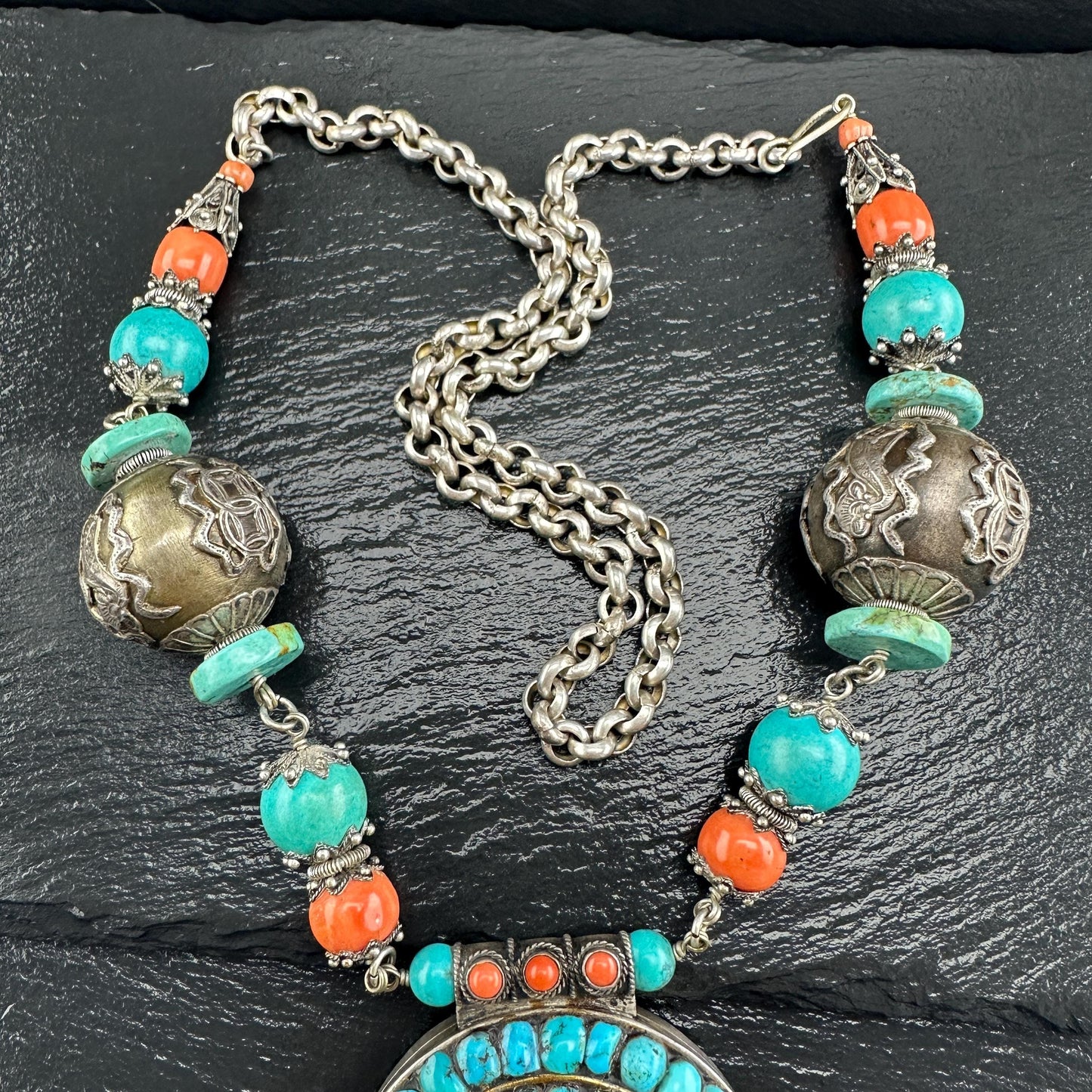 Authentic Nepalese Turquoise, Coral Lg Locket Necklace Sterling Silver N2577
