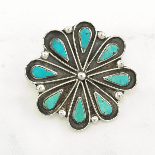 Native American Sterling Silver Brooch Shadowbox Blue Turquoise