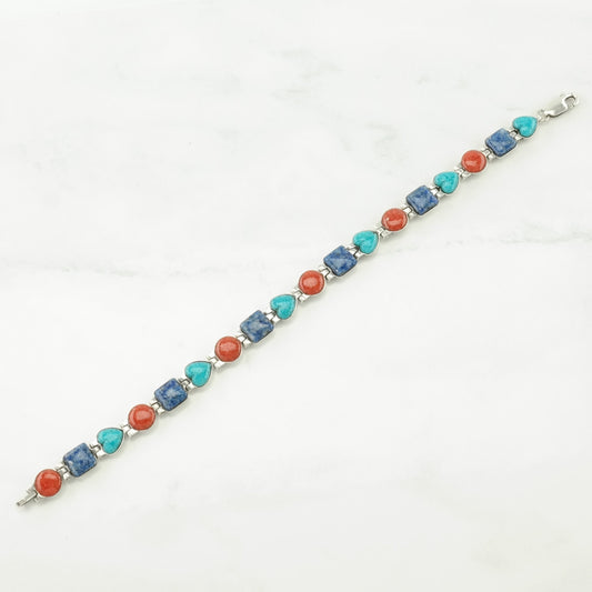 Carolyn Pollack Sterling Silver Link Bracelet Multi Stone Inlay BR2560