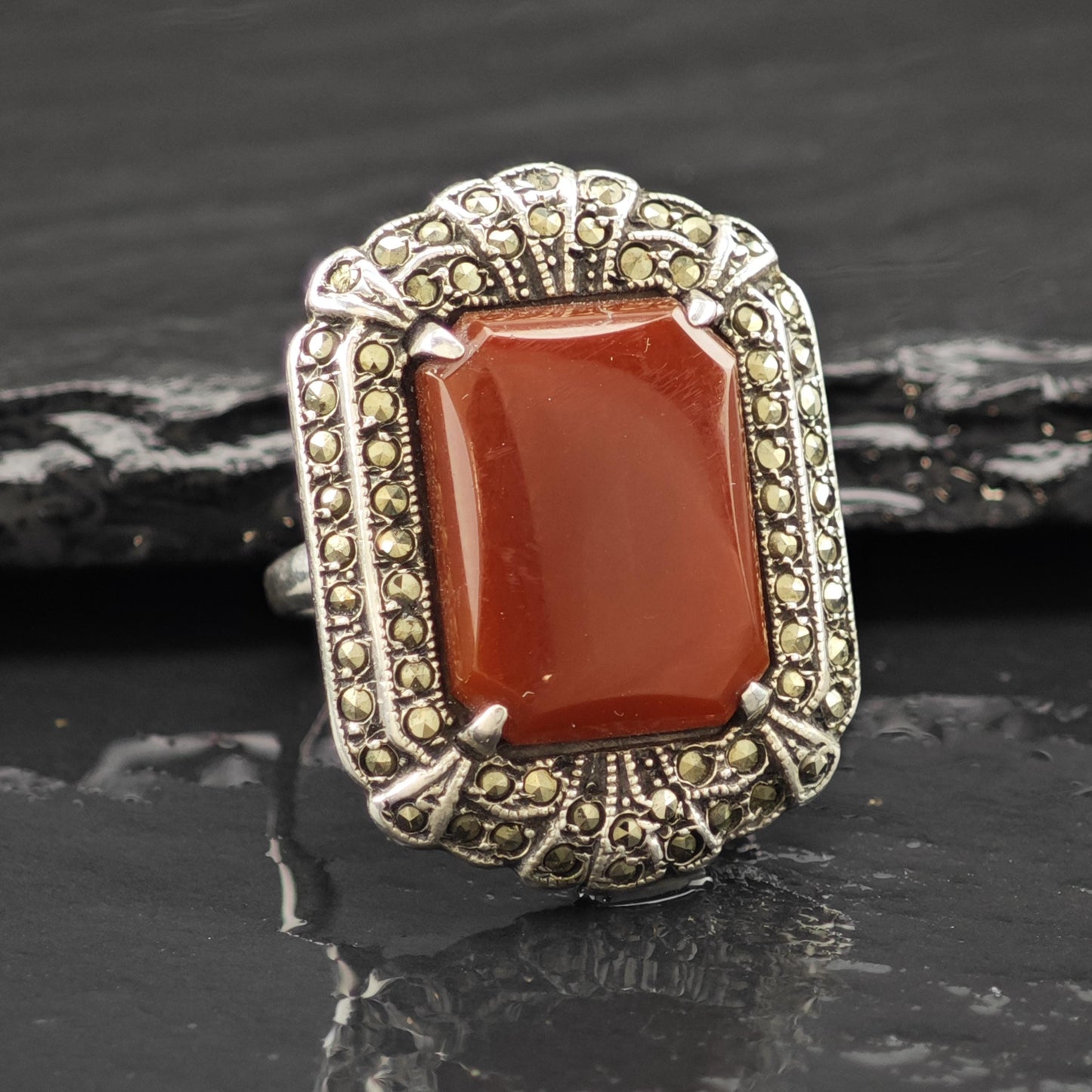 Art Deco Style Carnelian Marcasite Ring Sterling Silver Sz 6 R6253