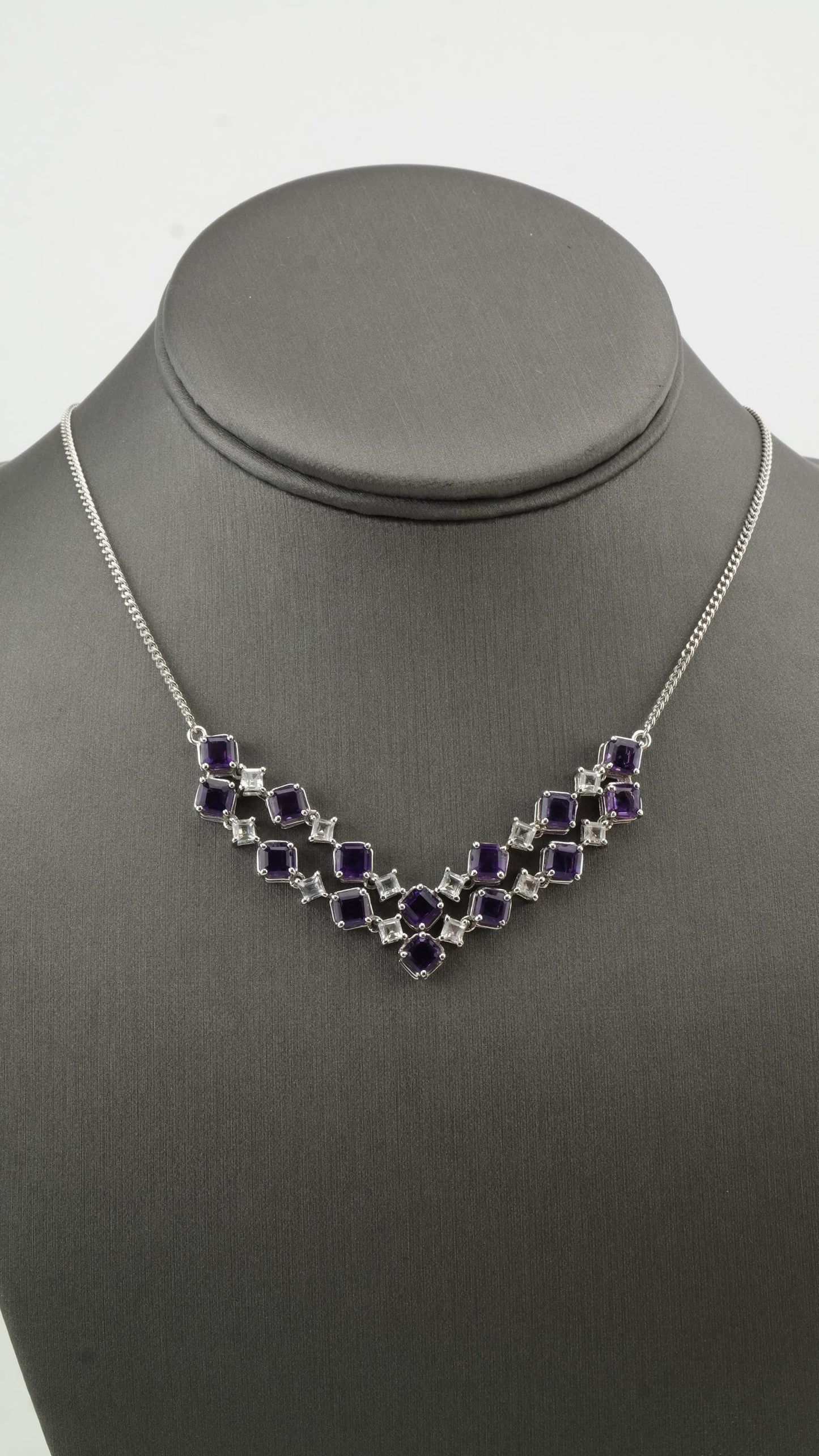 Sterling Silver Amethyst & Topaz Necklace | Geometric Design | Adjustable Length