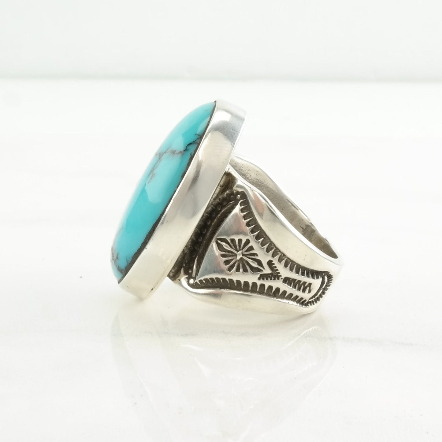 Native American Silver Ring Spiderweb Turquoise Stamped Sterling Blue Size 10