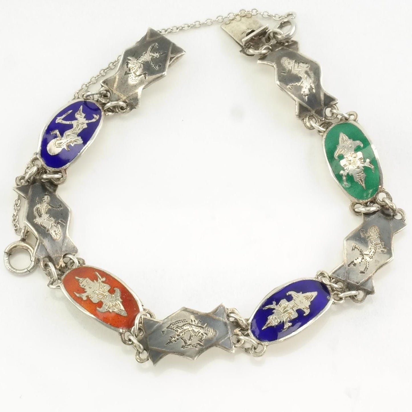 Vintage Siam Sterling Silver Link Bracelet Enamel, Nielo