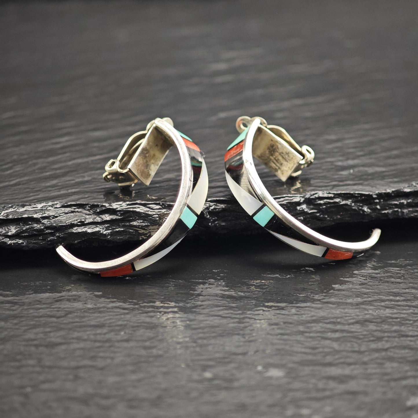 Vintage Native American Zuni Inlay, Half Hoop Clip On Earrings Sterling Silver ER3107