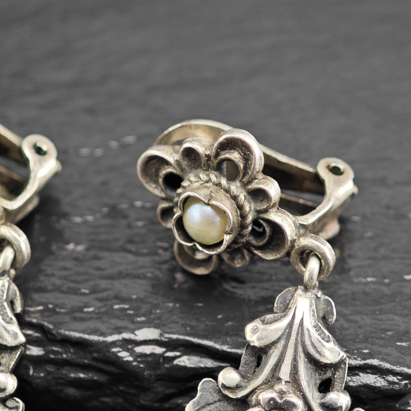 European Art Nouveau Cabochon Amethyst, Pearl Clip On Sterling Silver Earrings ER3197