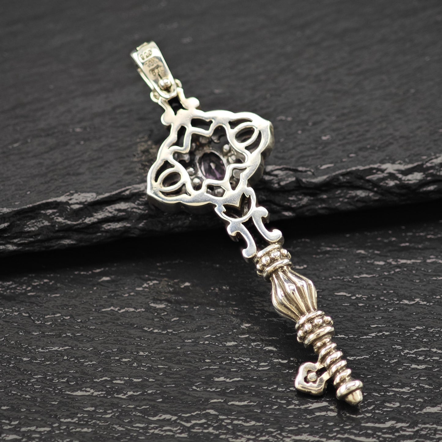 18K Gold Accent Amethyst Key Pendant Samuel Benham Sterling Silver