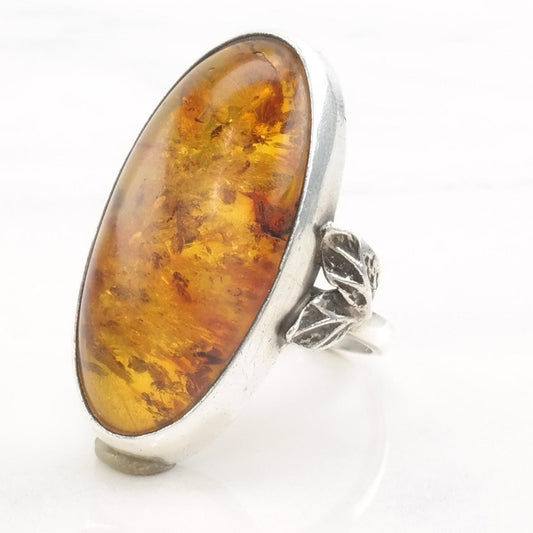 Vintage European Silver Ring Amber Leaf Size 8 1/2