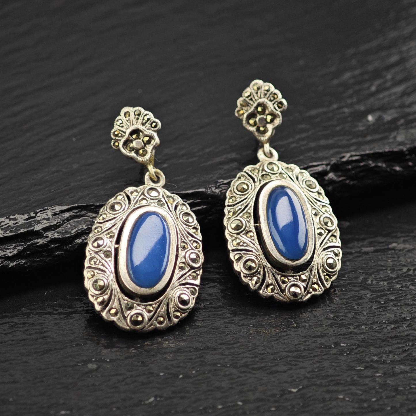 Art Deco Style Marcasite Oval Stud/Dangle Sterling Silver Earrings ER3182
