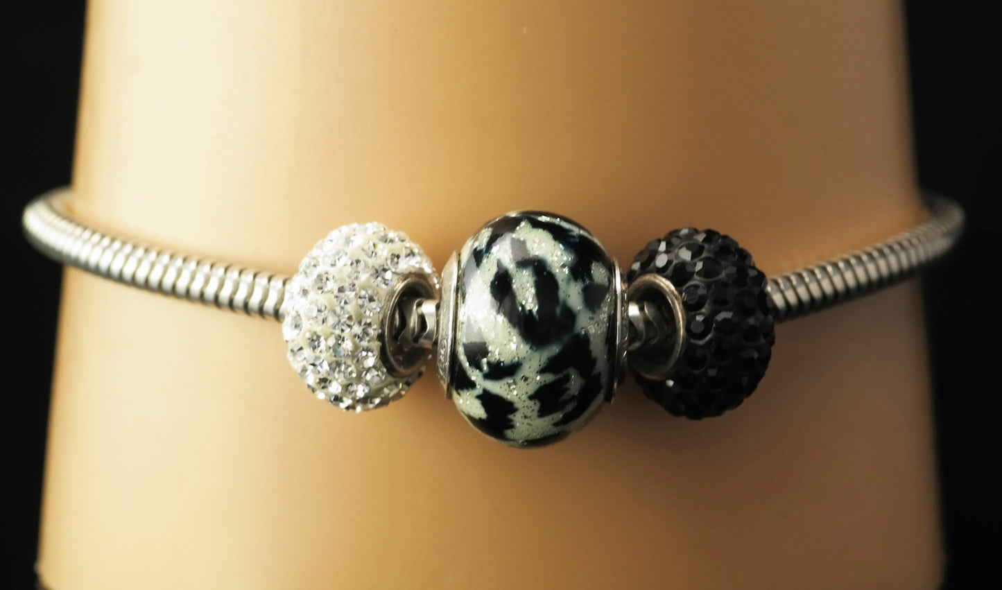 Zabel Charm Sterling Bracelet Silver 7" Black White Murano