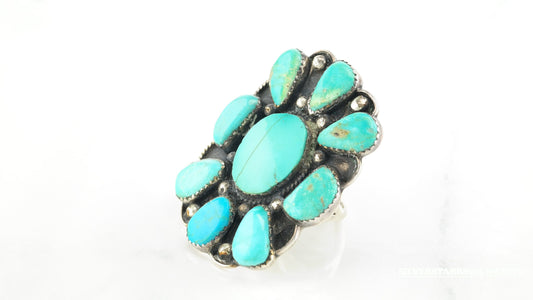 Vintage Native American Cluster Sterling Silver Ring Size 10 Blue Turquoise Shield